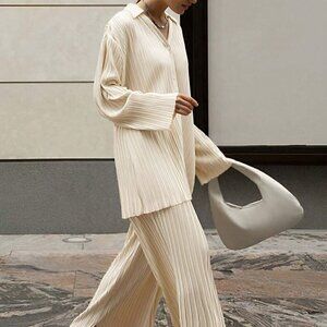 Apricot Casual Women's Solid Color Turn-Down Collar Top And Loose Pants